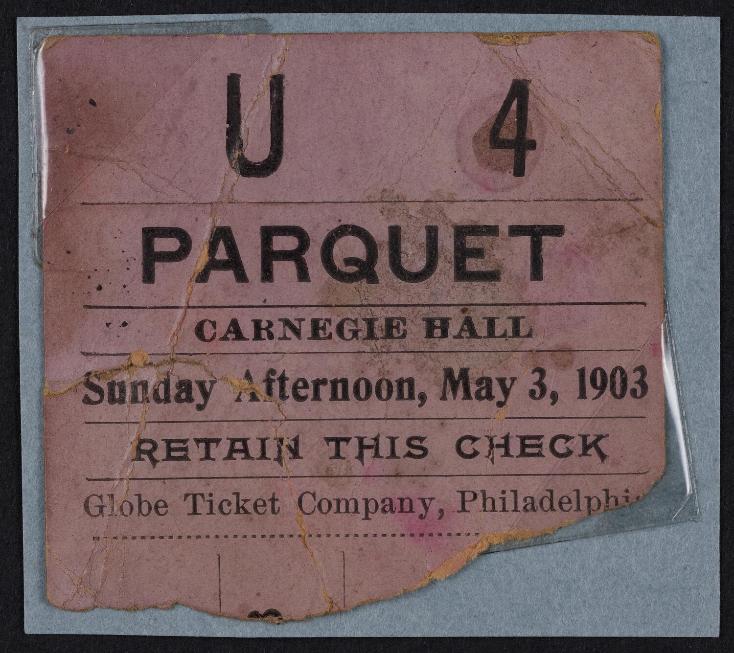 Ticket for Upsala College Anniversary Program, May 3, 1903 (front)