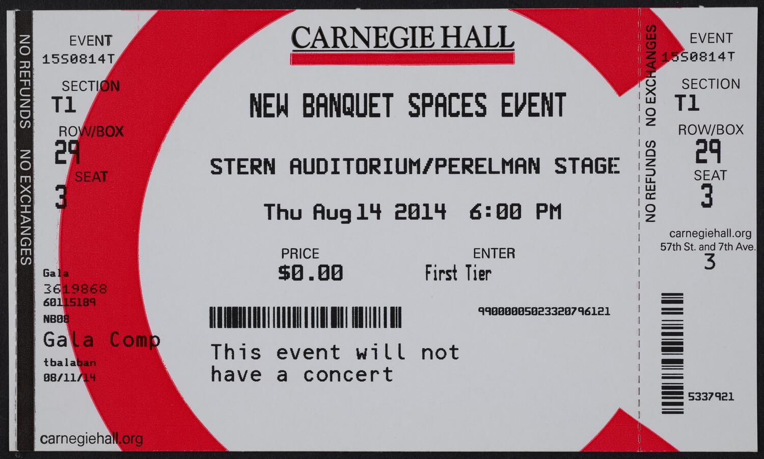Ticket for New Banquet Spaces Event, August 14, 2014 (front)