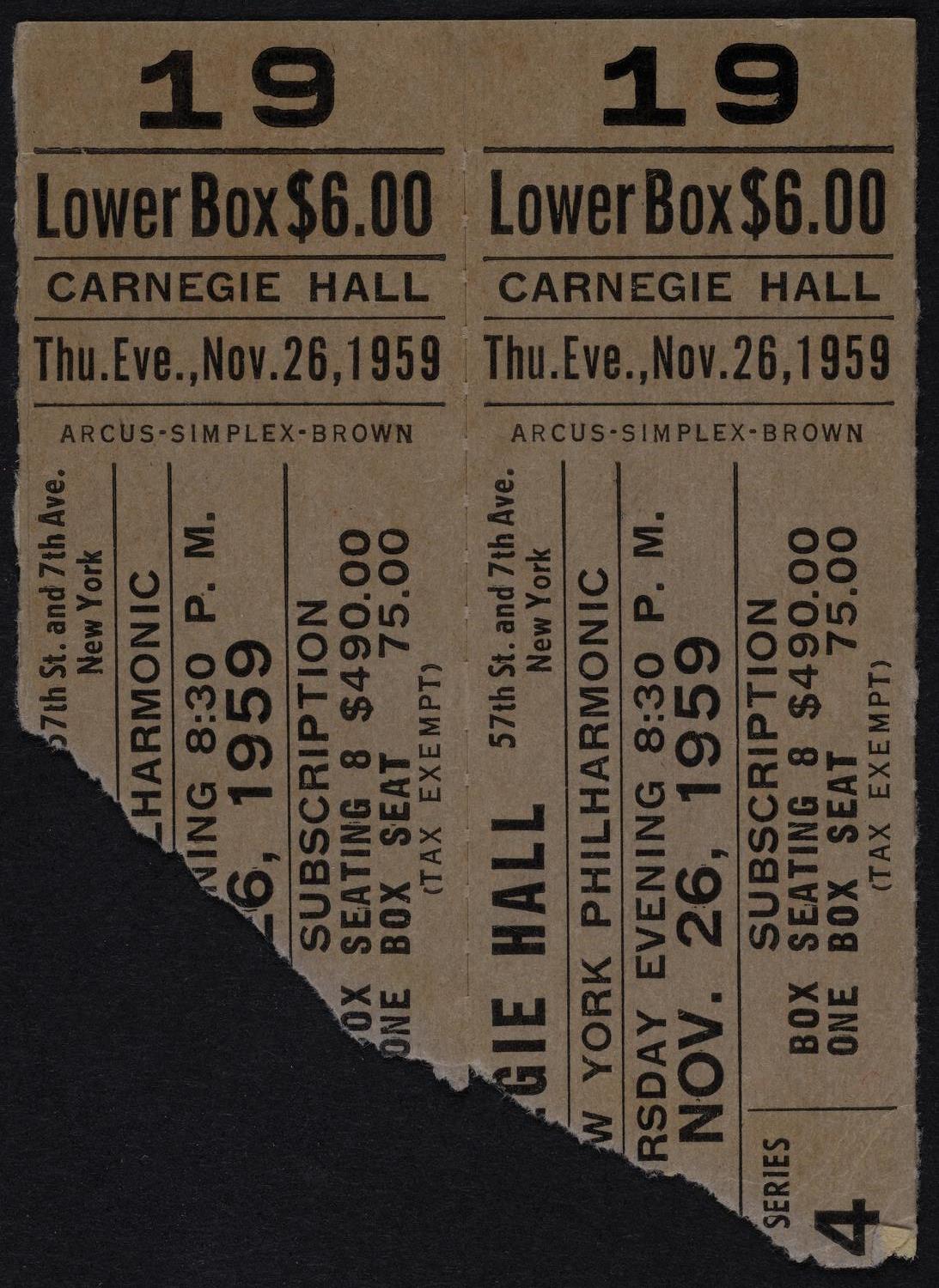 Ticket for New York Philharmonic, November 26, 1959 (front)