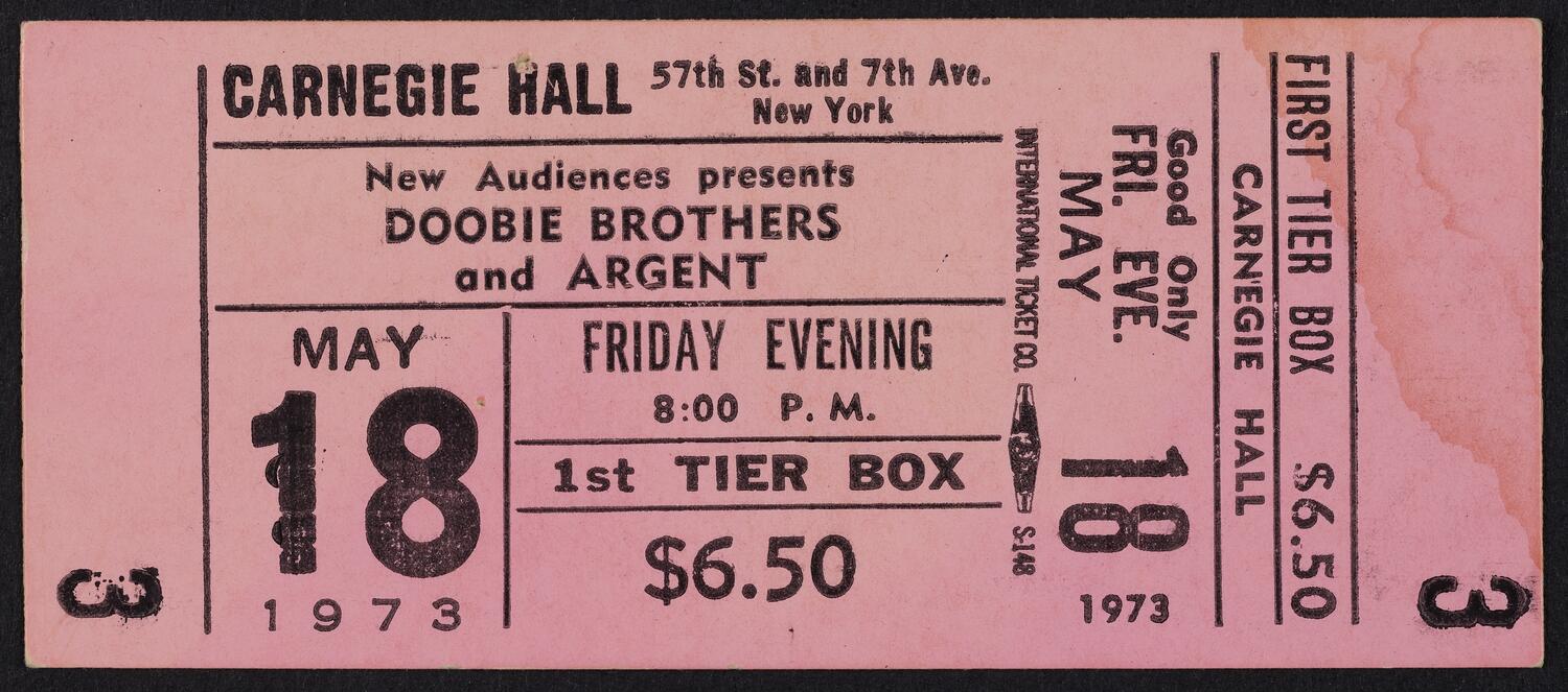 Ticket for Doobie Brothers and Argent, May 18, 1973 (front)