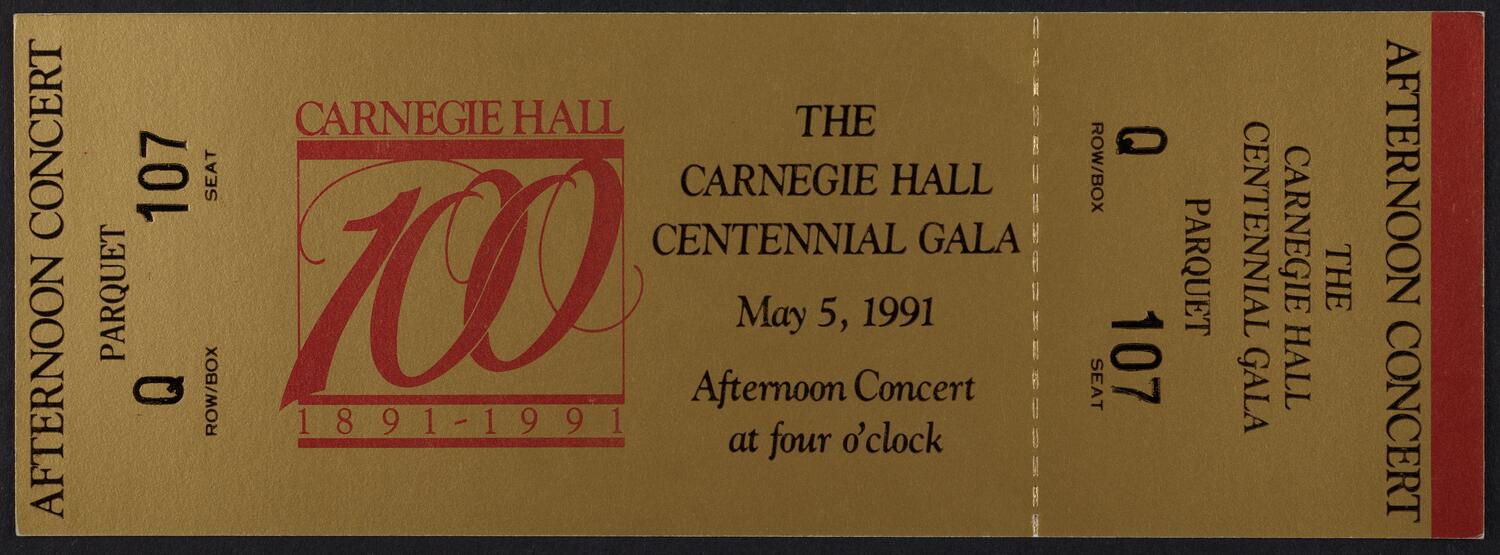 Ticket for the Carnegie Hall Centennial Gala, May 5, 1991 (front)