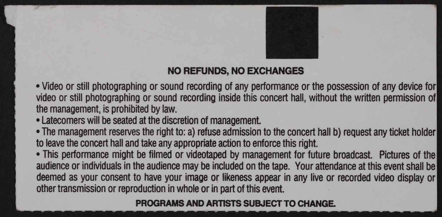 Ticket for Daltrey Sings Townsend, February 23, 1994 (back)