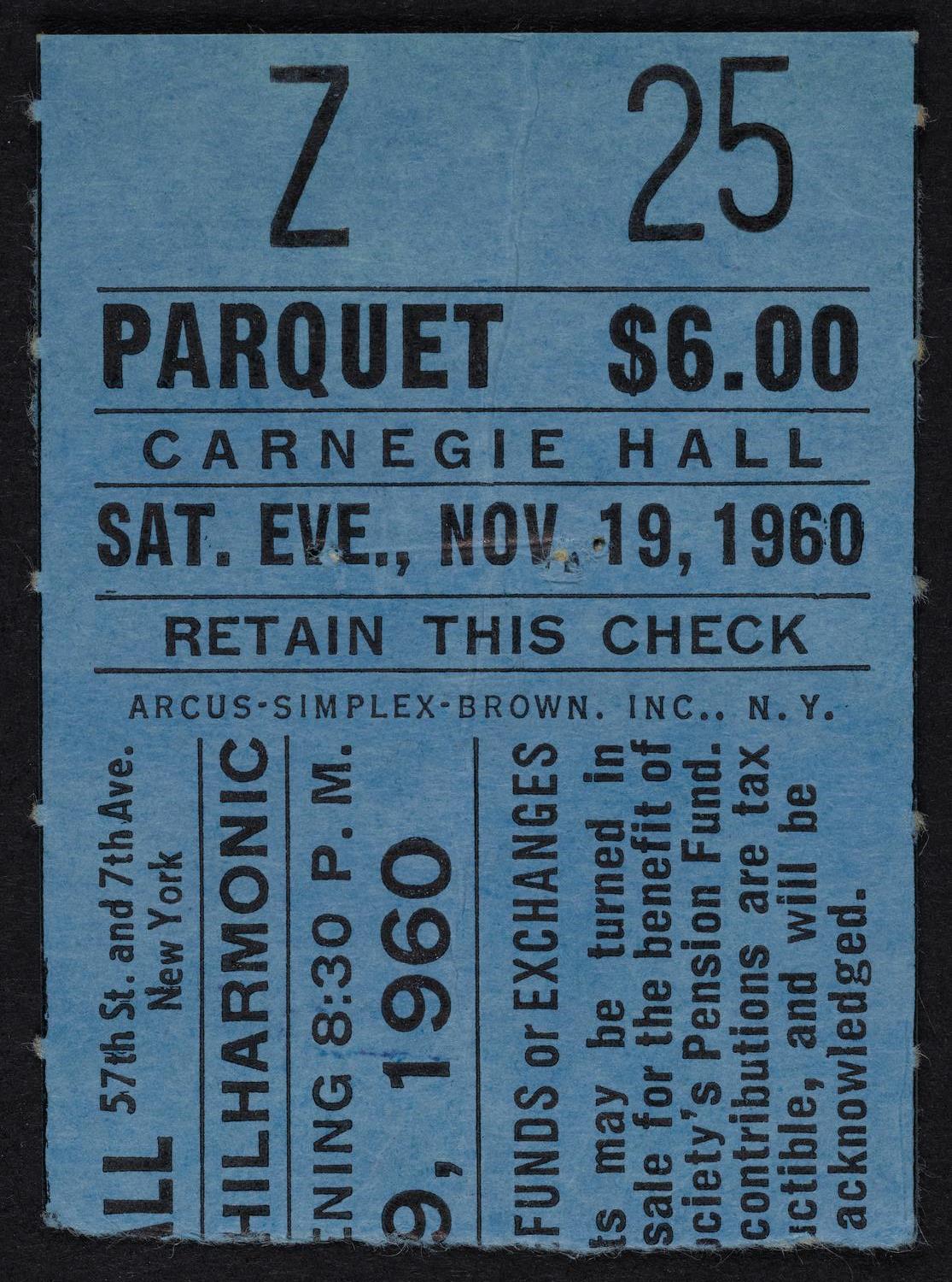 Ticket for New York Philharmonic, November 19, 1960 (front)