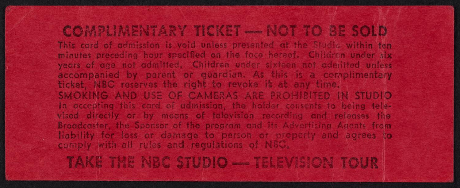 Ticket for the NBC Symphony, September 16, 1950 (back)