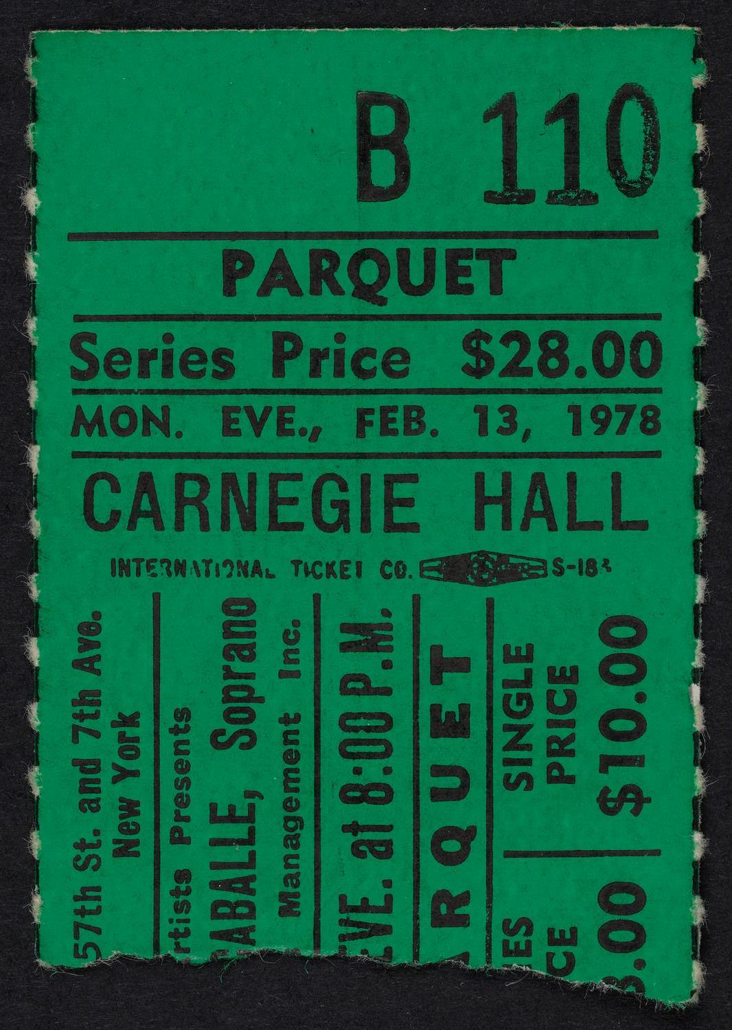 Ticket for Montserrat Caballé, February 13, 1978 (front)