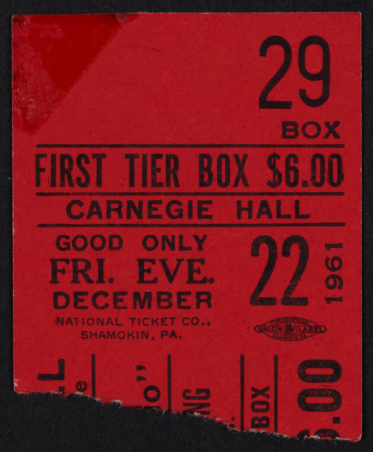 Ticket for A Festival of Bach at Carnegie Hall: The Festival Chorus and Orchestra, December 22, 1961 (front)