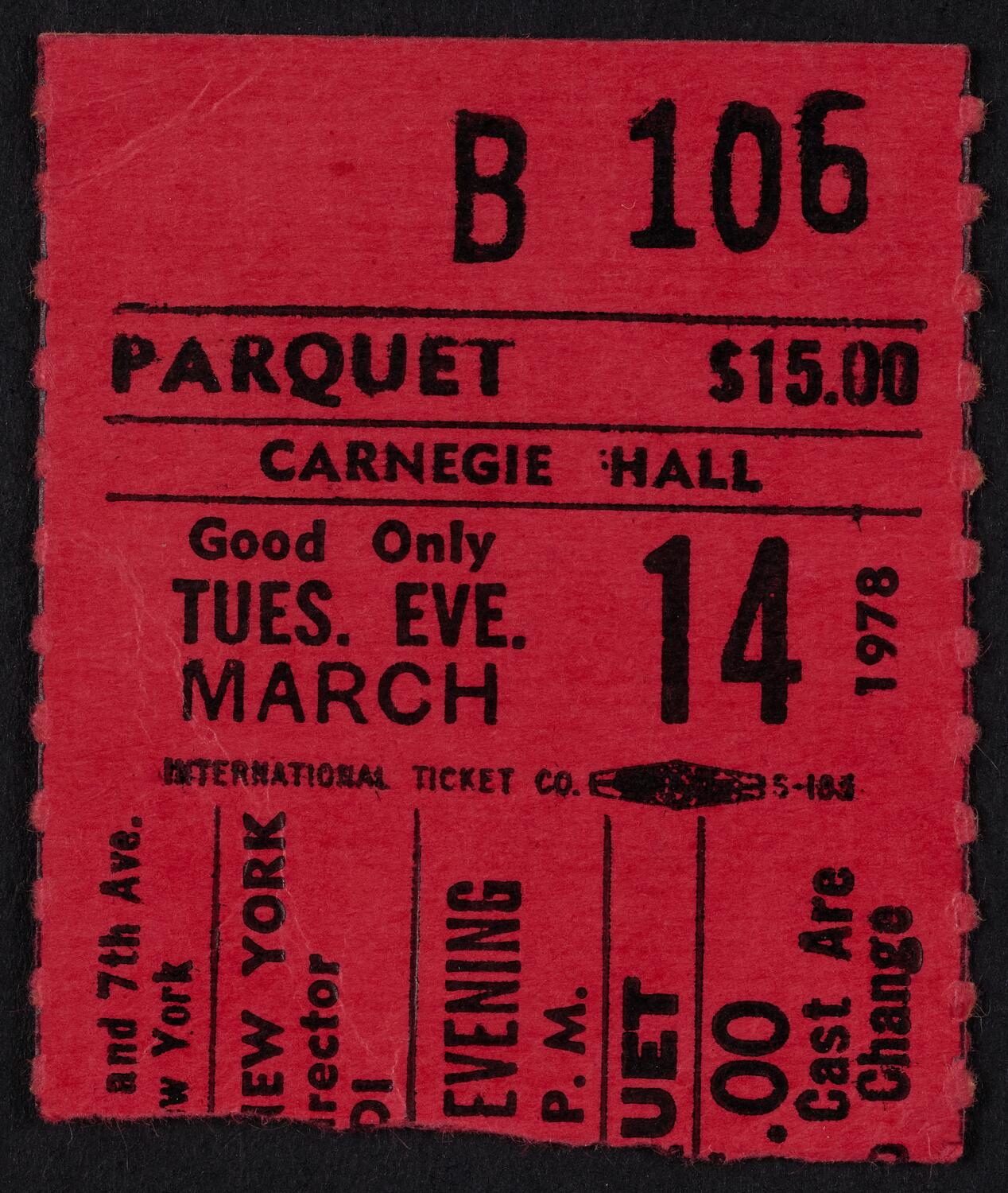Ticket for Opera Orchestra of New York, March 14, 1978 (front)