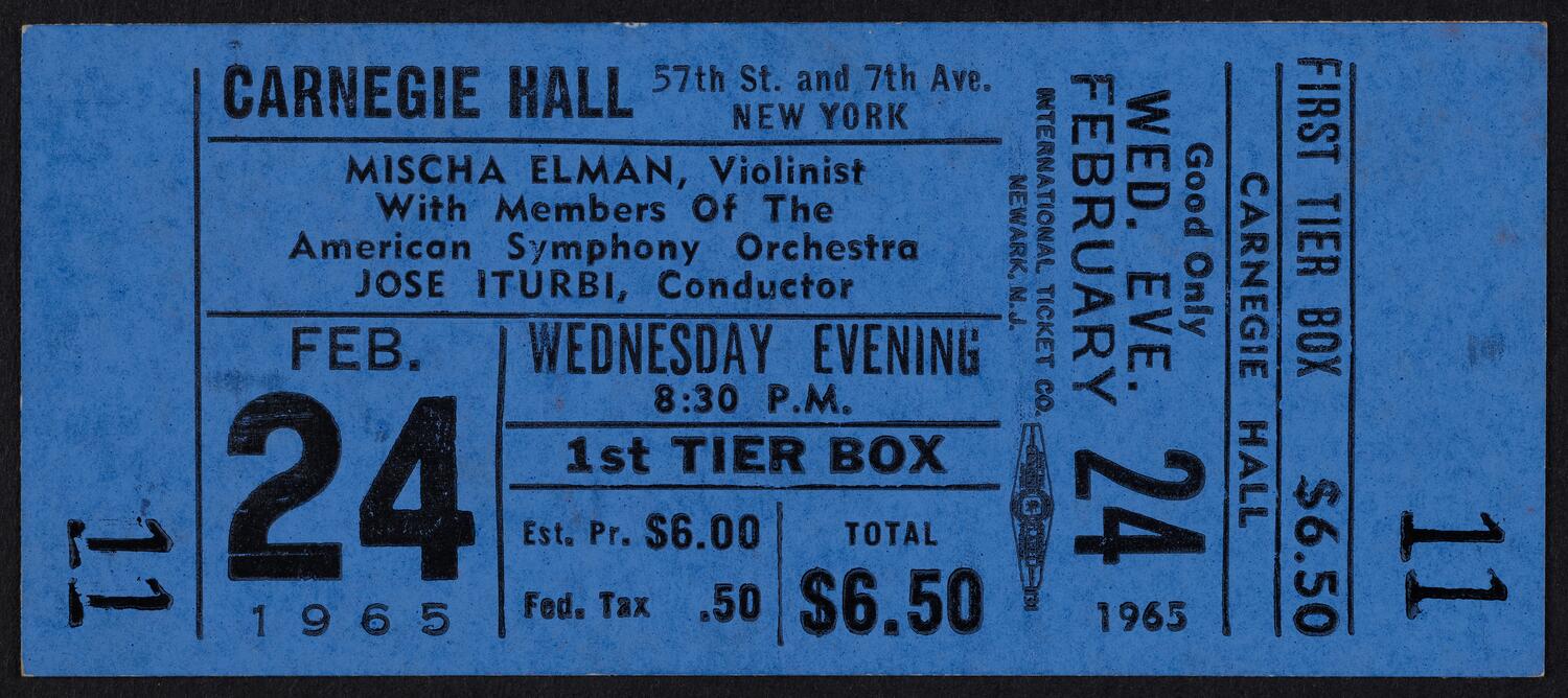 Ticket for Mischa Elman with members of the American Symphony Orchestra, February 24, 1965 (front)