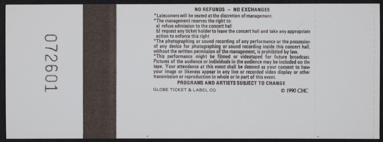 Ticket for the Gala Opening Night of the Centennial Season: Los Angeles Philharmonic, September 26, 1990 (back)