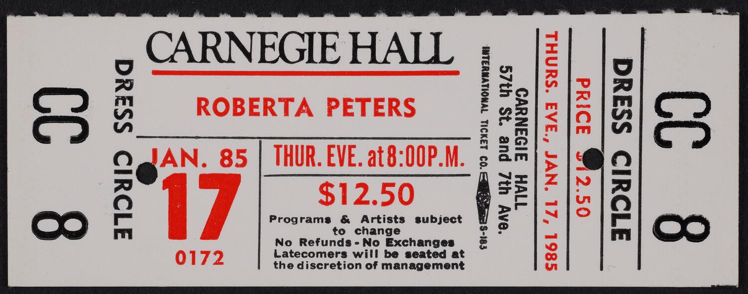 Ticket for Roberta Peters, January 17, 1985 (front)