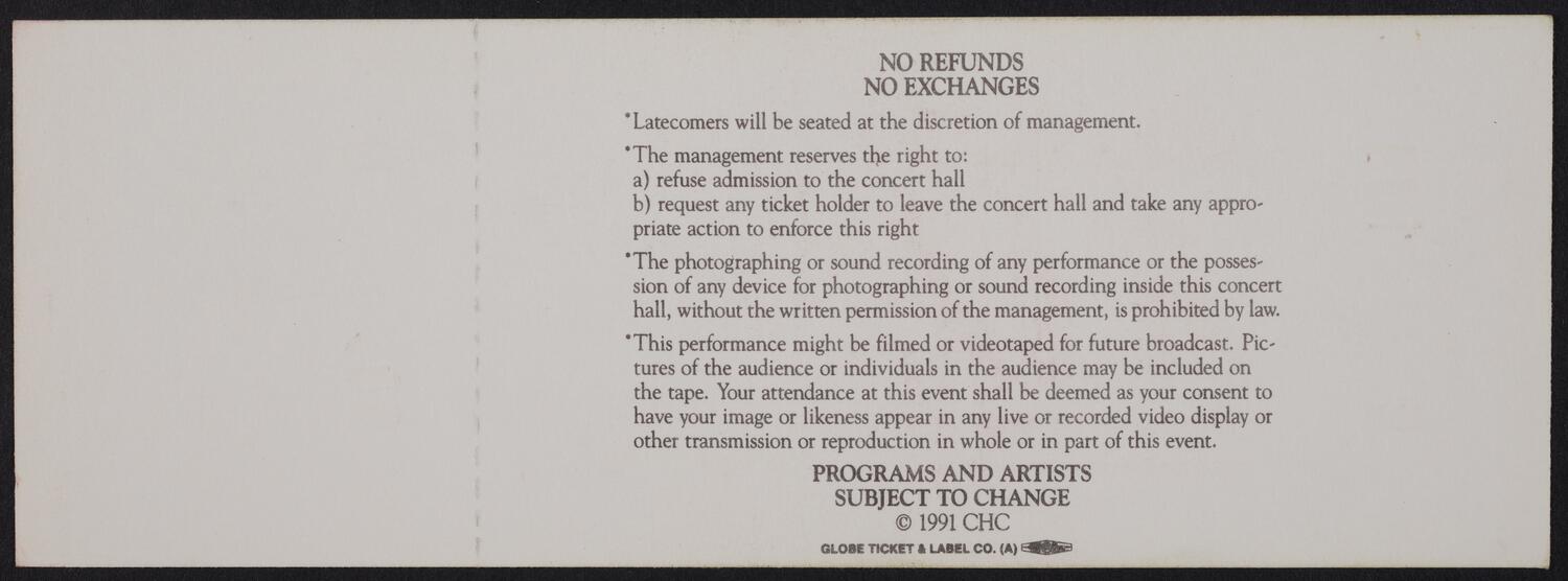Ticket for the Carnegie Hall Centennial Gala, May 5, 1991 (back)