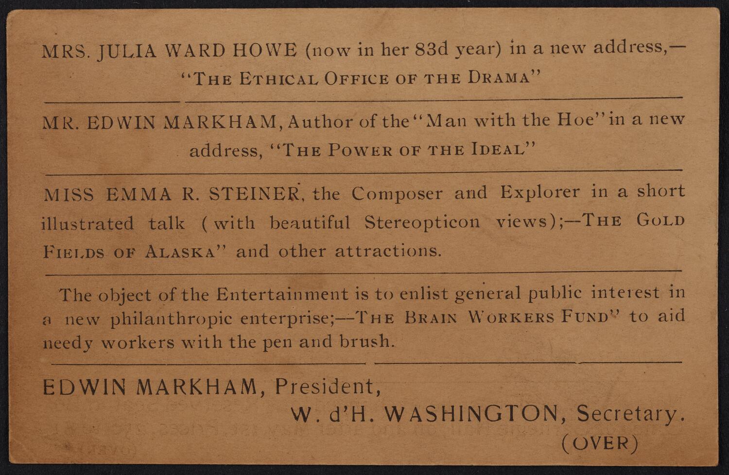 Ticket for Brain Workers' Association: Grand Concert and Addresses, May 11, 1902 (back)