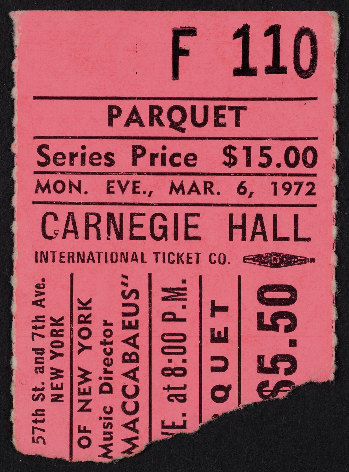 Ticket for Handel Society of New York, March 6, 1972 (front)