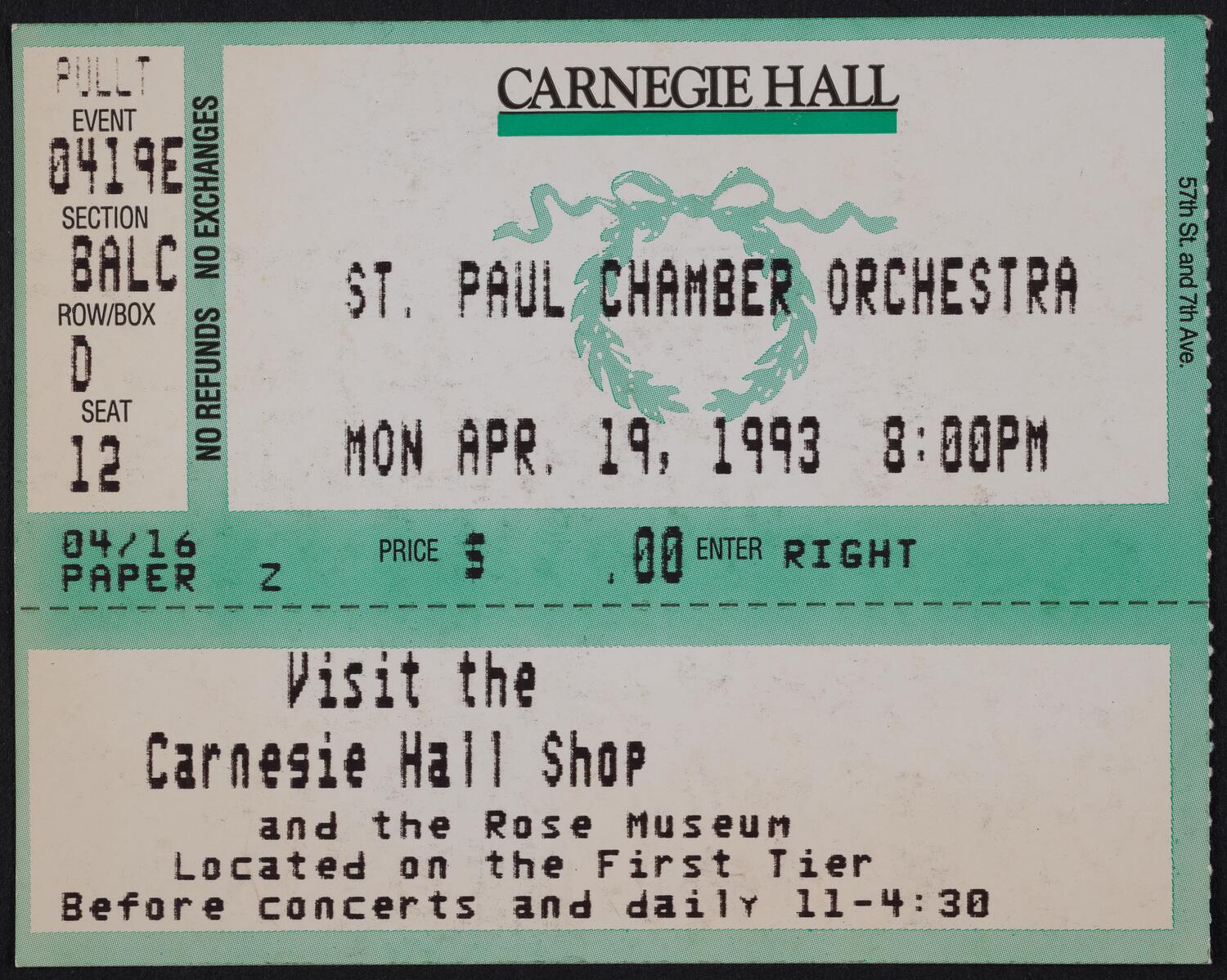 Ticket for St. Paul Chamber Orchestra, April 19, 1993 (front)