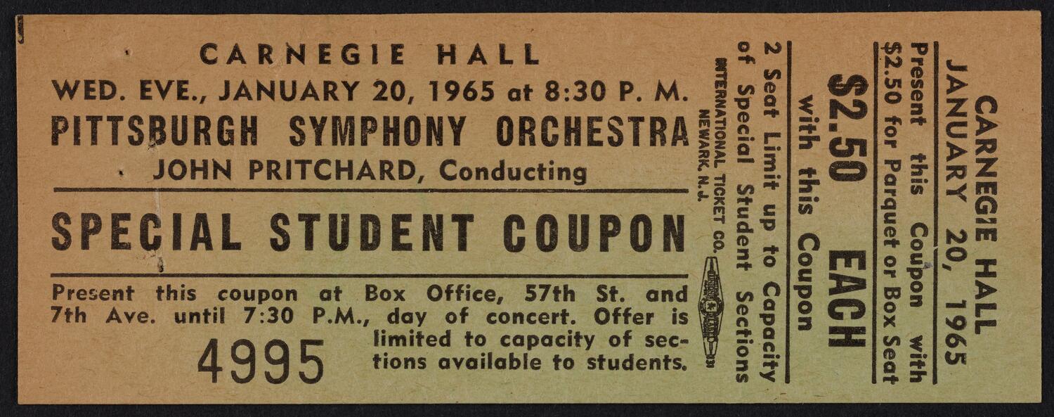 Ticket for Pittsburgh Symphony Orchestra, January 20, 1965 (front)