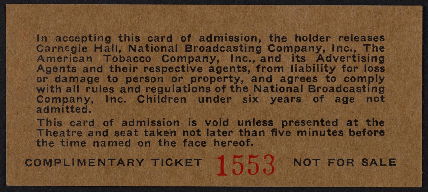 Ticket for Lucky Strike Presents "Your All-Time Hit Parade," January 14, 1944 (back)