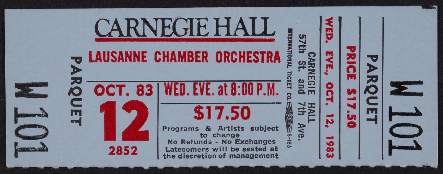 Ticket from Lausanne Chamber Orchestra, October 12, 1983 (front)