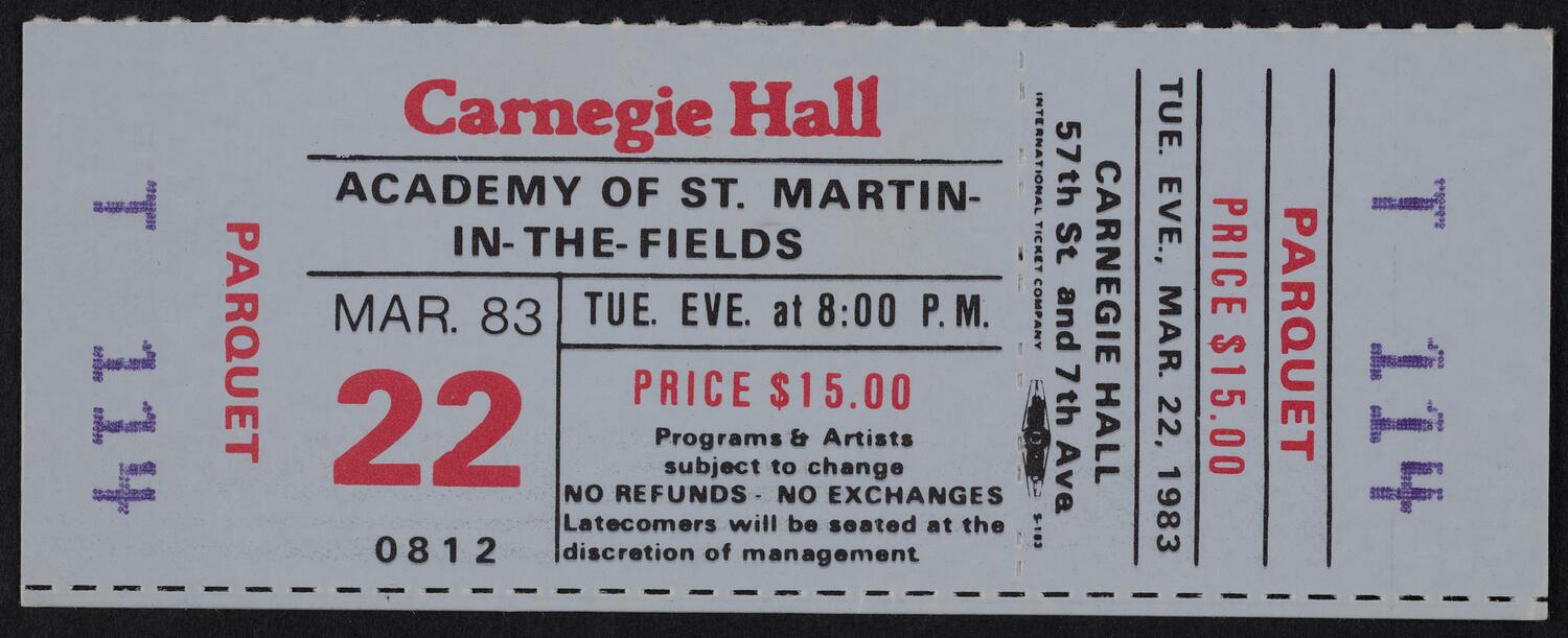 Ticket for Academy of St. Martin-In-The-Fields, March 22, 1983 (front)