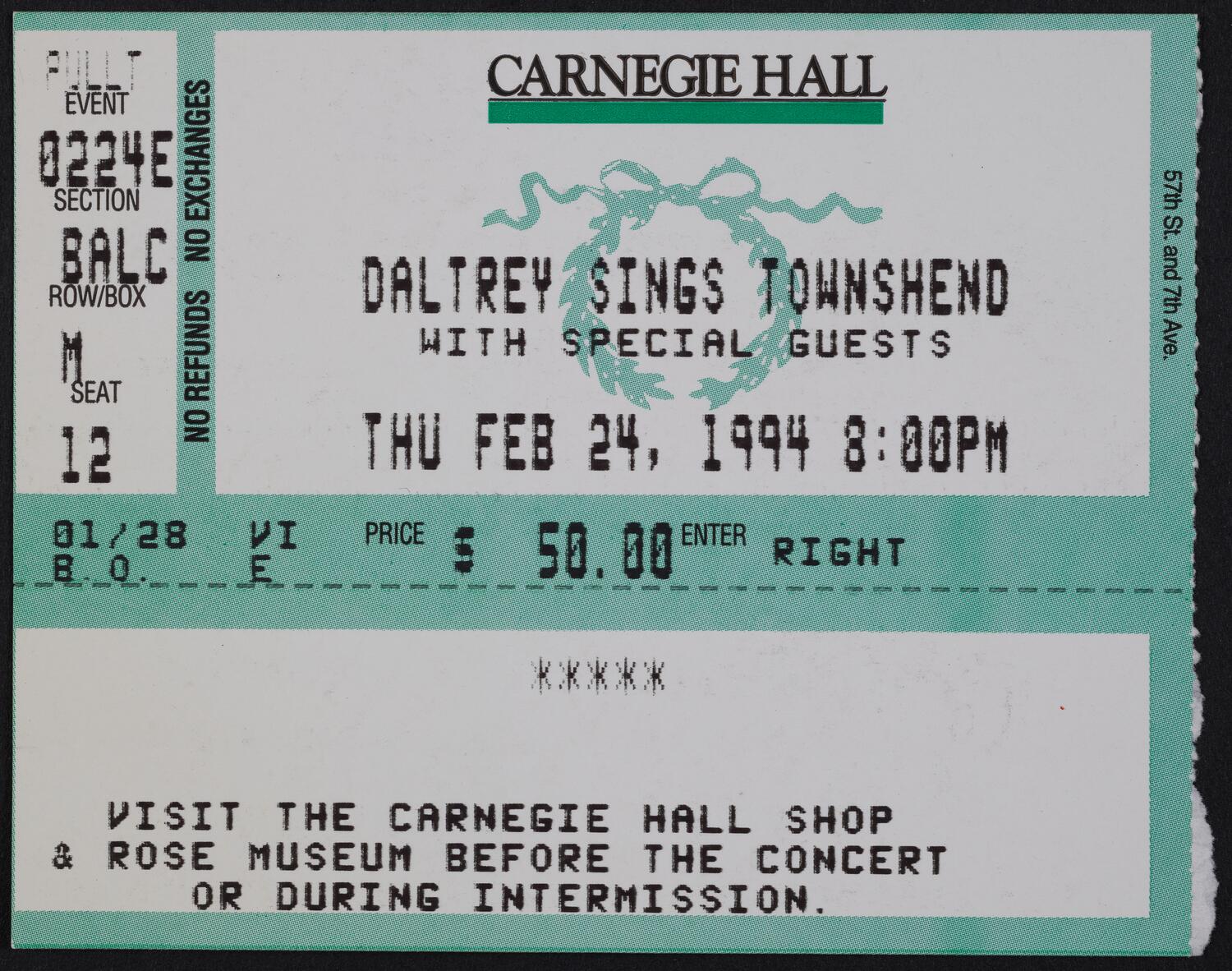 Ticket for Daltrey Sings Townsend, February 23, 1994 (front)