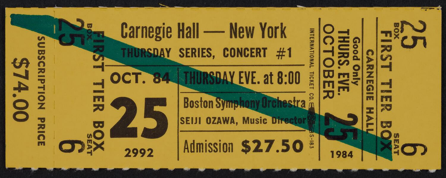 Ticket for Boston Symphony Orchestra, October 25, 1984 (front)