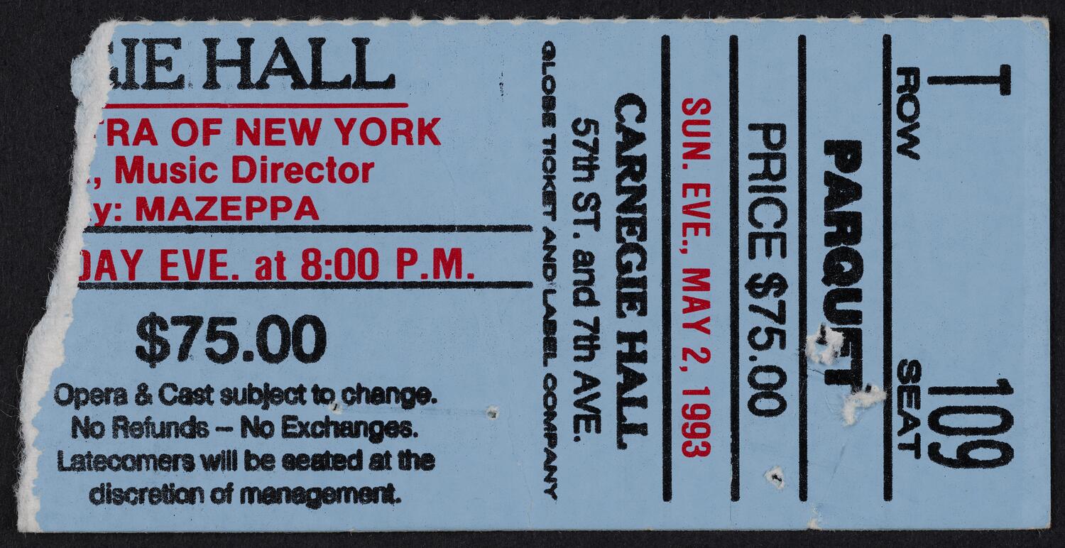 Ticket for Opera Orchestra of New York, May 2, 1993 (front)