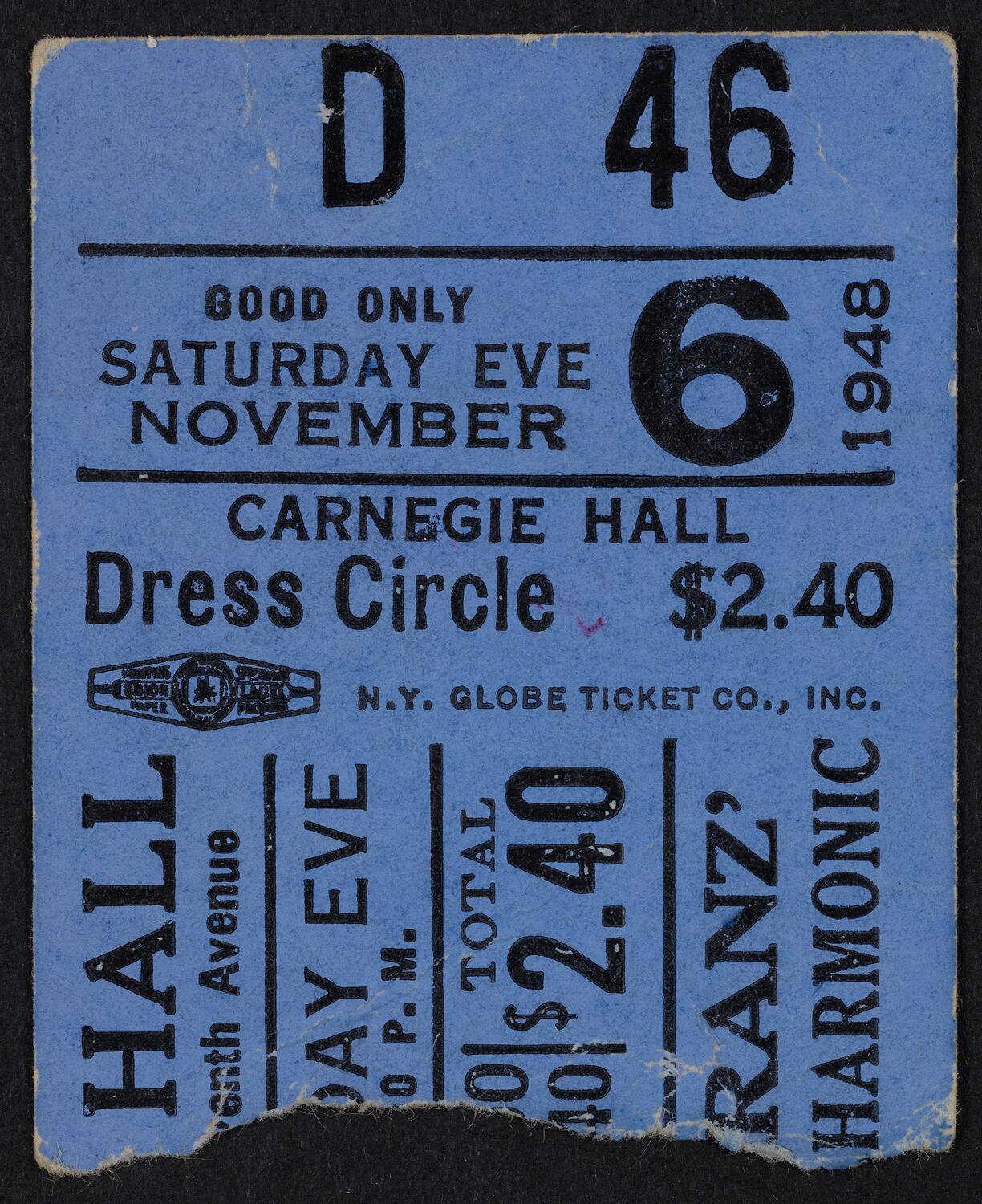 Ticket for New York Philharmonic, November 6, 1948 (front)
