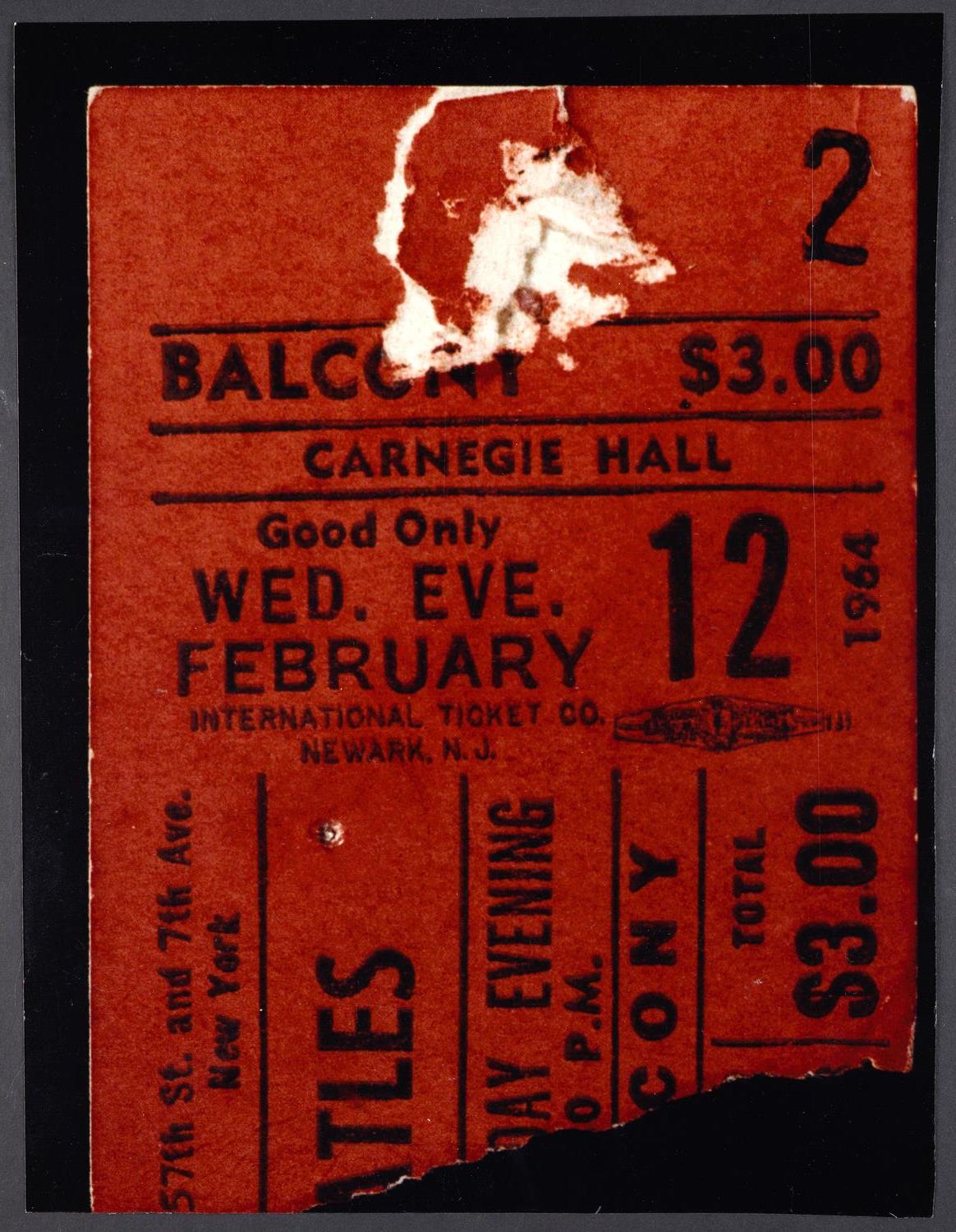 Ticket for The Beatles, February 12, 1964 (front)