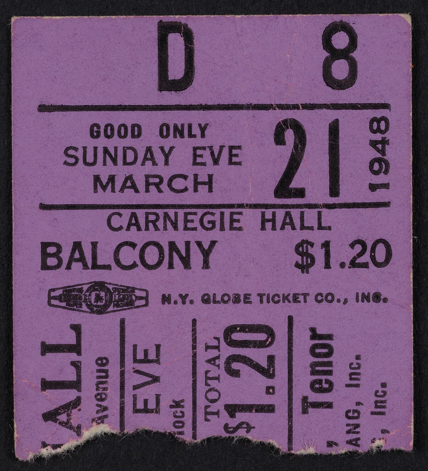 Ticket for Philharmonic-Symphony Society of New York, March 21, 1948 (front)
