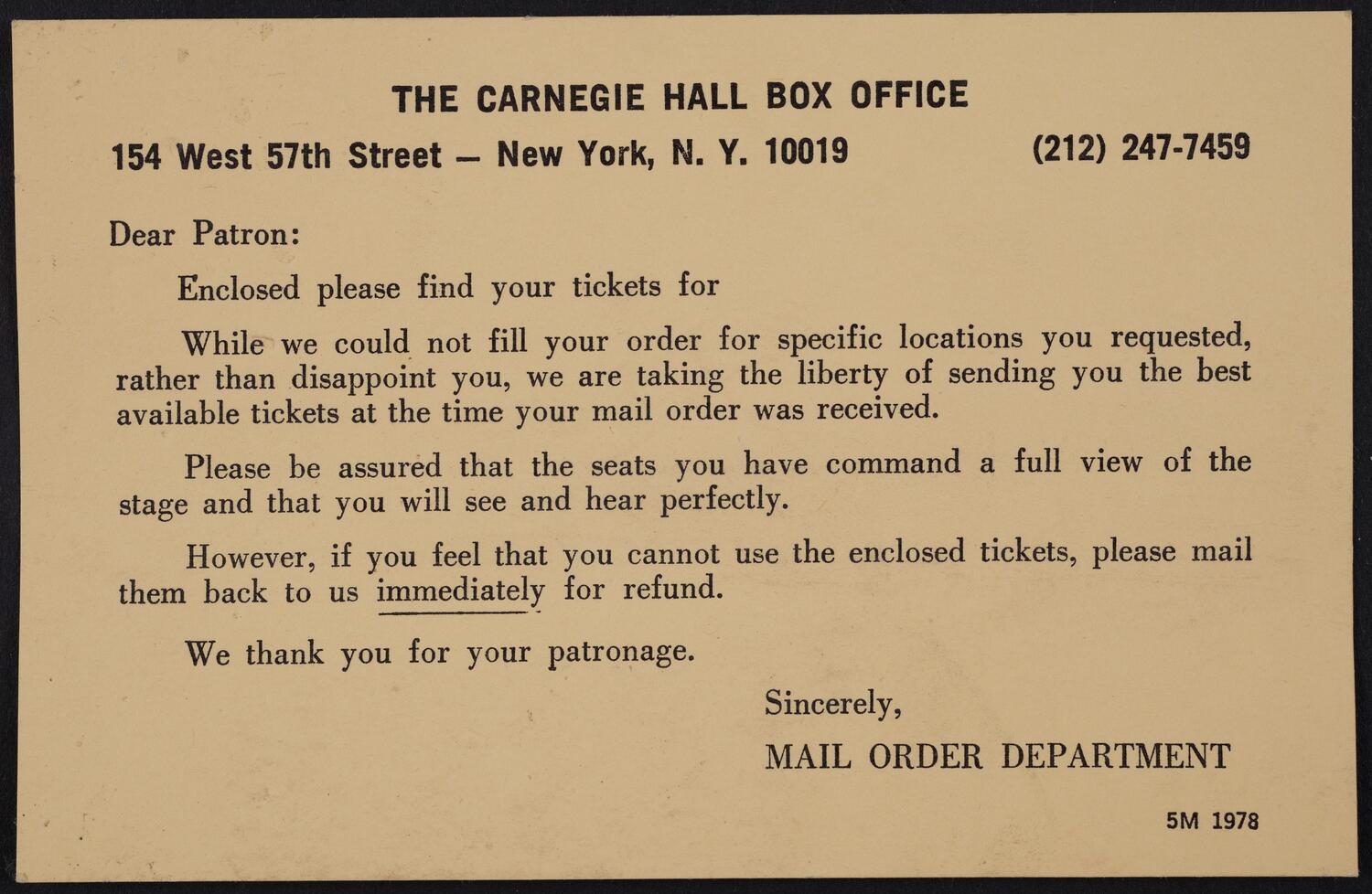 Tickets enclosed notecard from Carnegie Hall Box Office: Mail Order Department (front)