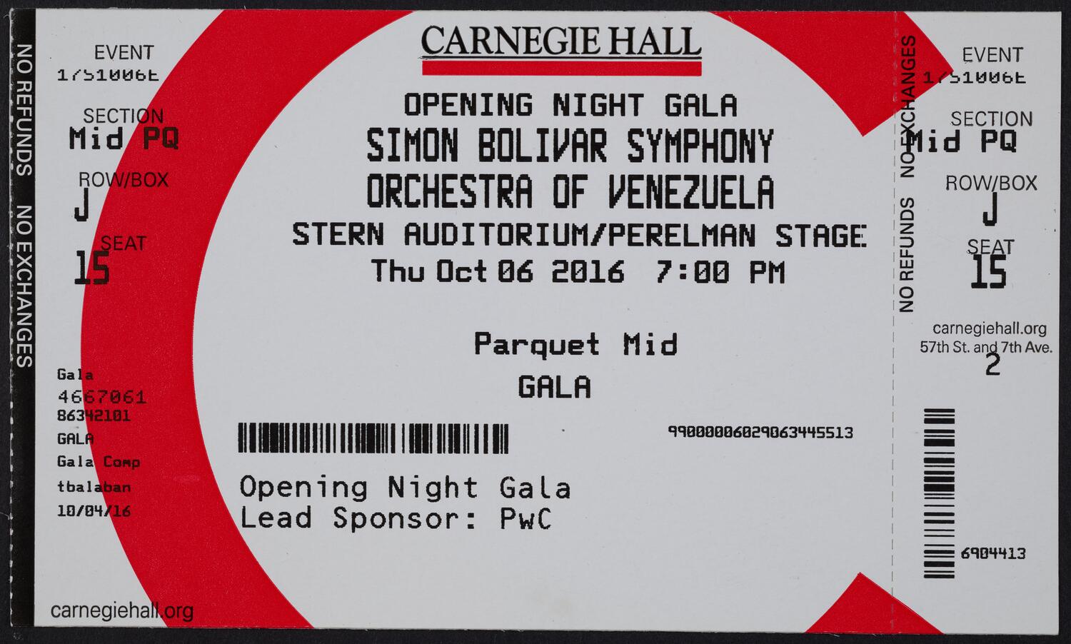 Ticket for Opening Night Gala: Simón Bolívar Symphony Orchestra of Venezuela, October 6, 2016 (front)