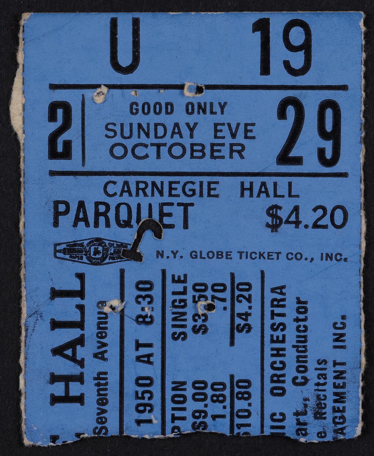Ticket for Royal Philharmonic Orchestra, October 29, 1950 (front)
