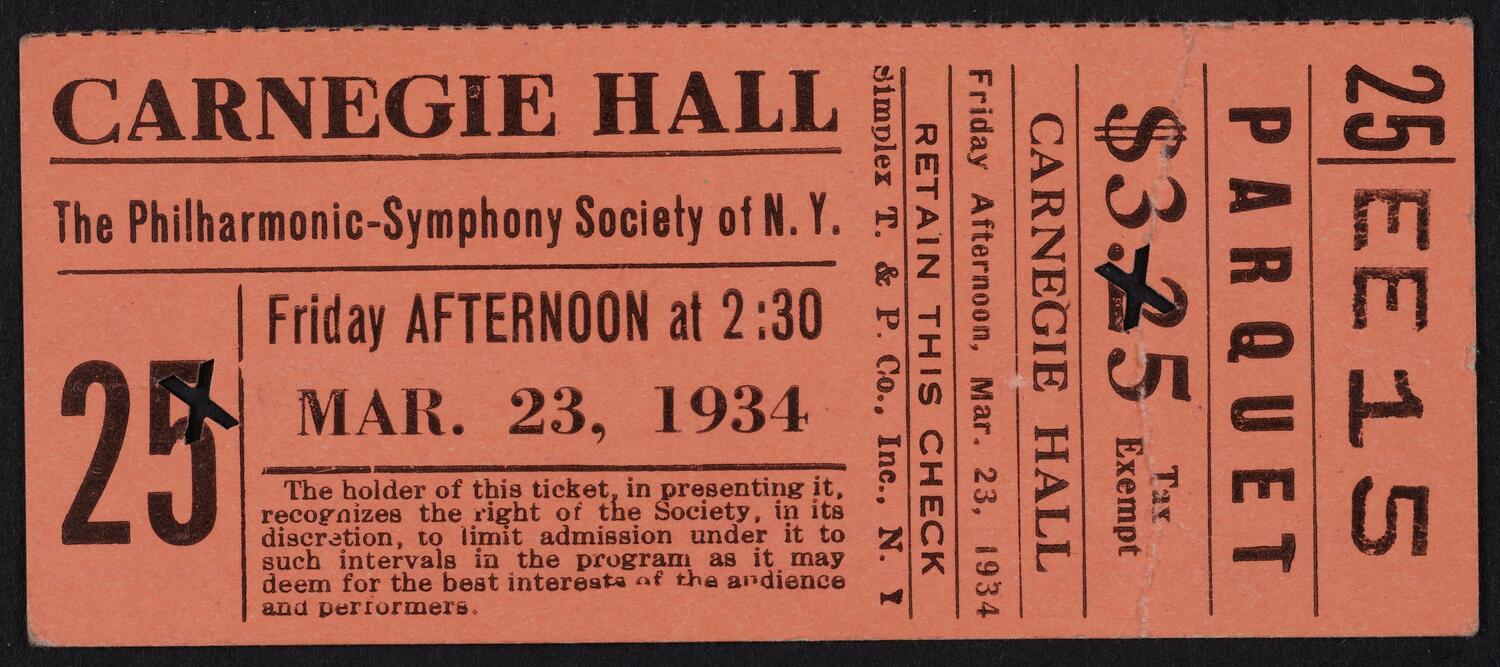 Ticket for Philharmonic-Symphony Society of New York, March 23, 1934 (front)