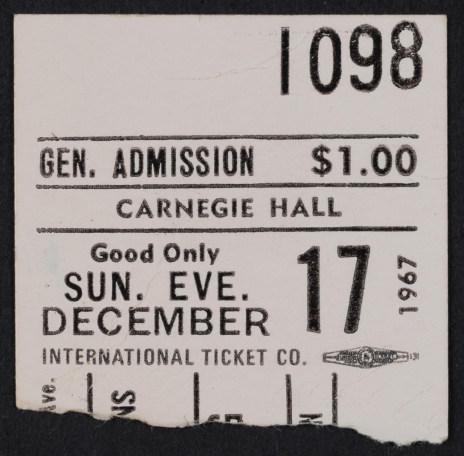 Ticket for New York Council for a Sane Nuclear Policy presents Vote No on Vietnam Rally, December 17, 1967 (front)