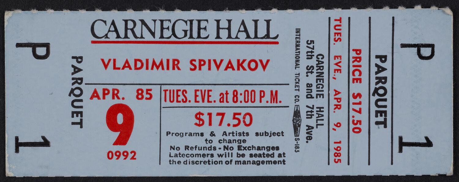 Ticket for Vladimir Spivakov, April 9, 1985 (front)