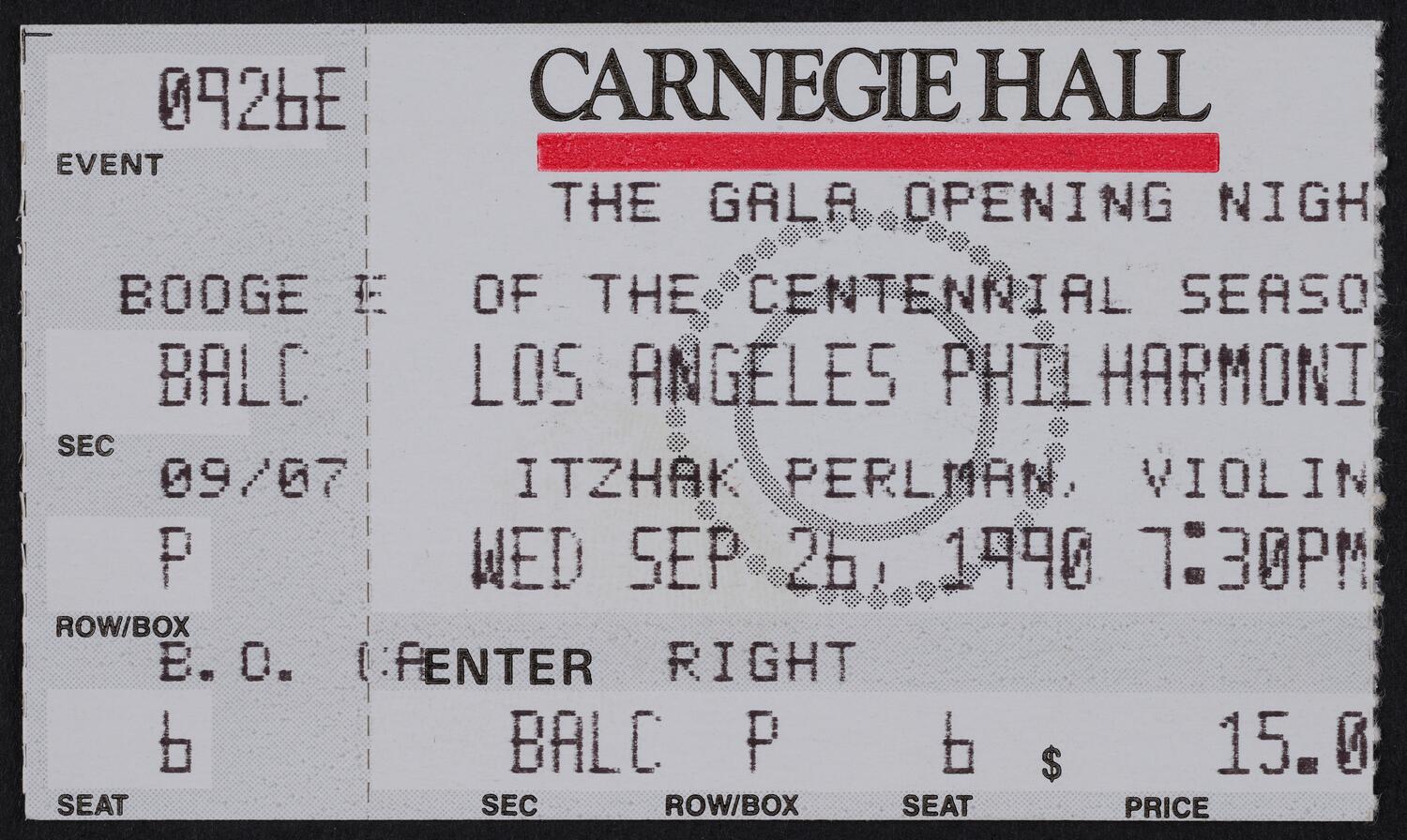 Ticket for The Gala Opening Night of the Centennial Season: Los Angeles Philharmonic, September 26, 1990 (front)