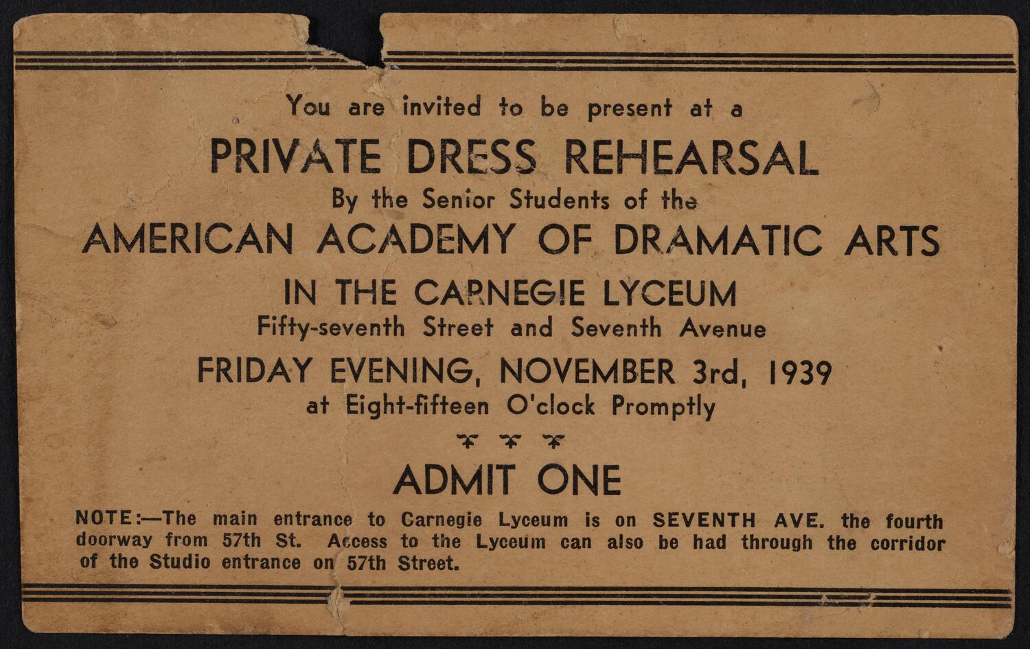 Ticket for Private Dress Rehearsal: Senior Students of the American Academy of Dramatic Arts, November 3, 1939 (front)