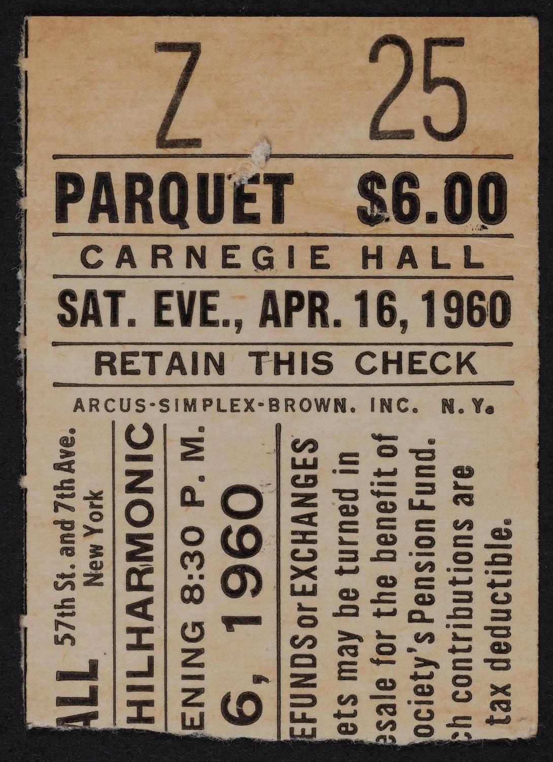 Ticket for New York Philharmonic, April 16, 1960 (front)