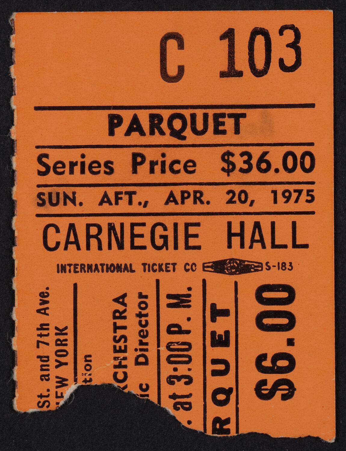 Ticket for American Symphony Orchestra, April 20, 1975 (front)