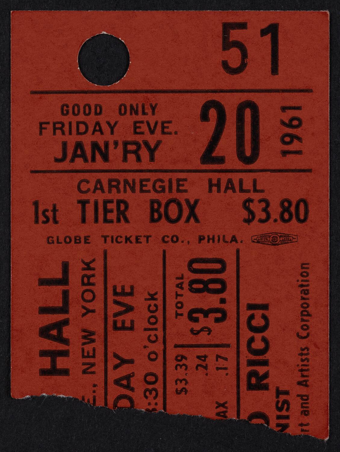 Ticket for Ruggiero Ricci, January 20, 1961 (front)