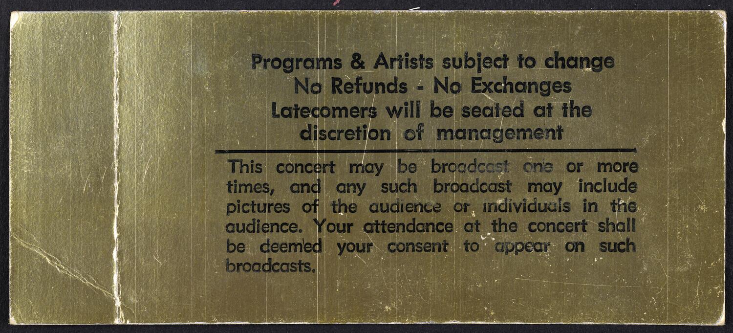 Ticket for The Gala Reopening of Carnegie Hall, December 15, 1986 (back)