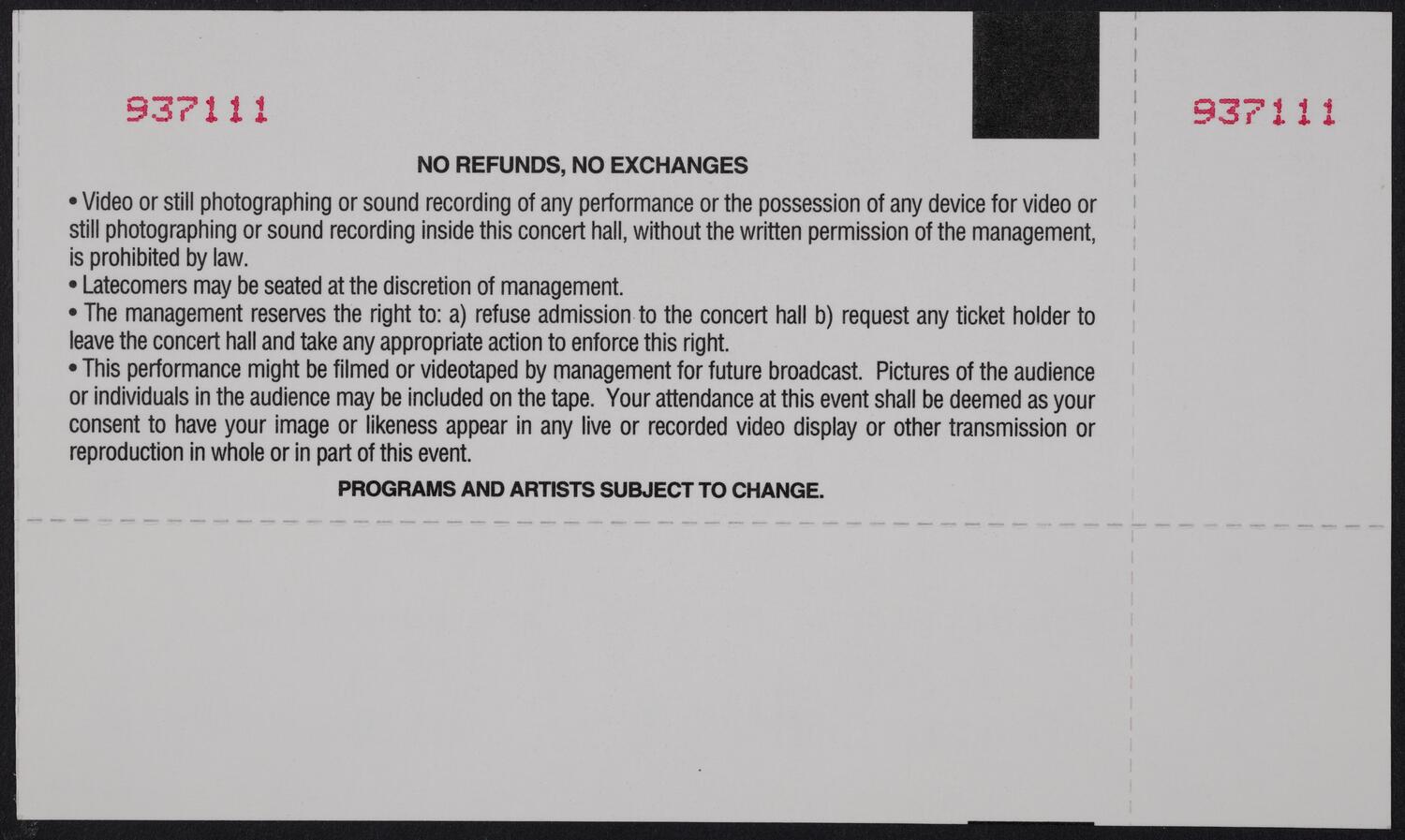 Ticket for Isaac Stern: In Loving Memory, October 30, 2001 (back)