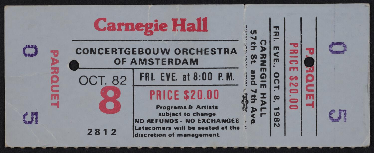 Ticket for Concertgebouw Orchestra of Amsterdam, October 8, 1982 (front)
