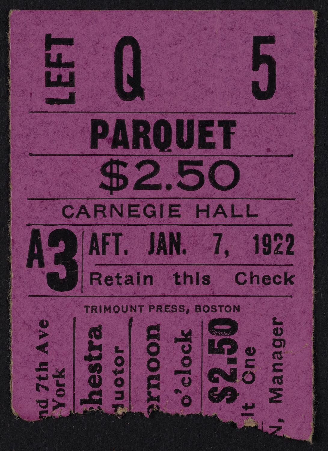 Ticket for Boston Symphony Orchestra, January 7, 1922 (front)