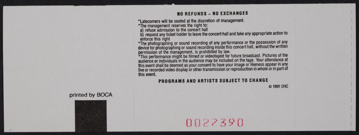 Ticket for Shirley Verrett, March 5, 1992 (back)