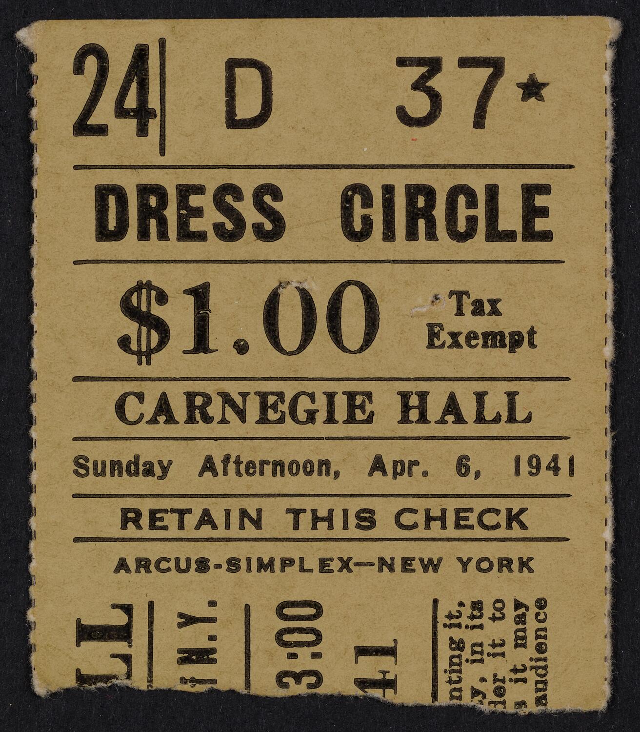 Ticket for Philharmonic-Symphony Society of New York, April 6, 1941 (front)