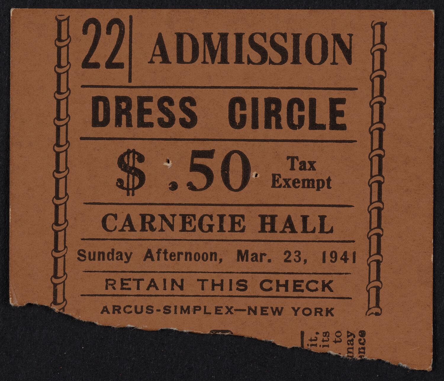Ticket for Philharmonic-Symphony Society of New York, March 23, 1941 (front)