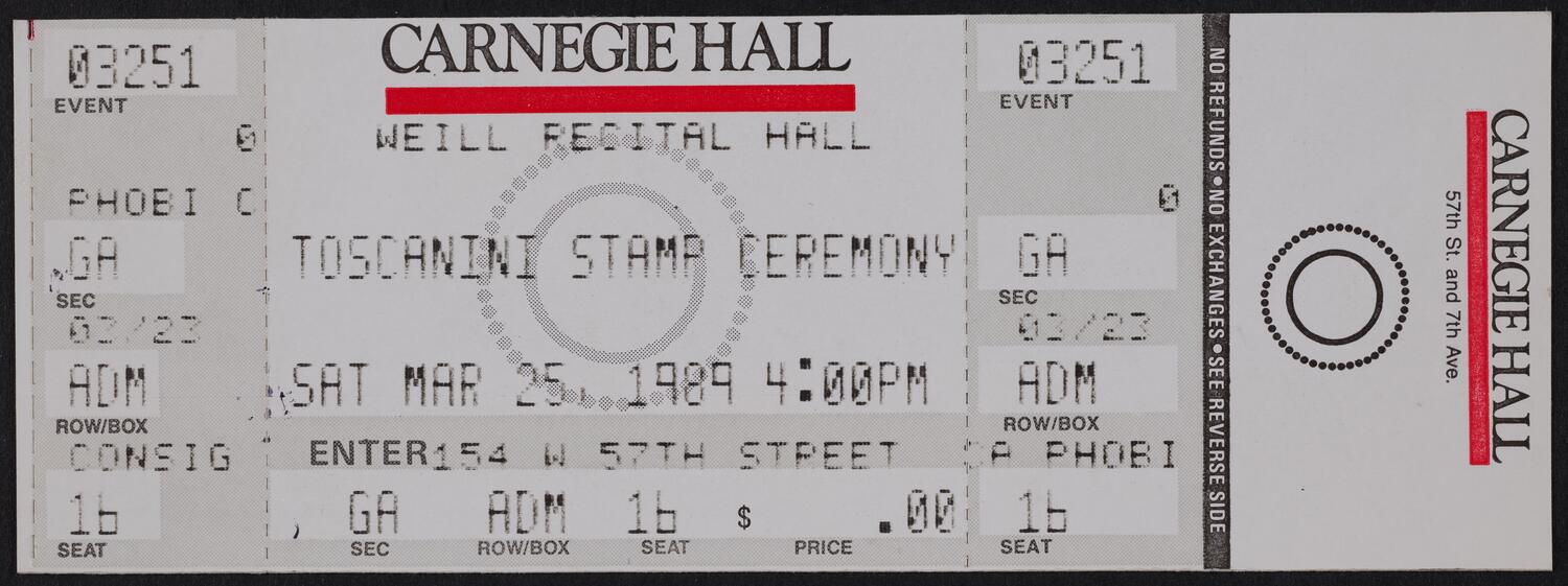 Ticket for Toscanini Stamp Ceremony, March 25, 1989 (front)