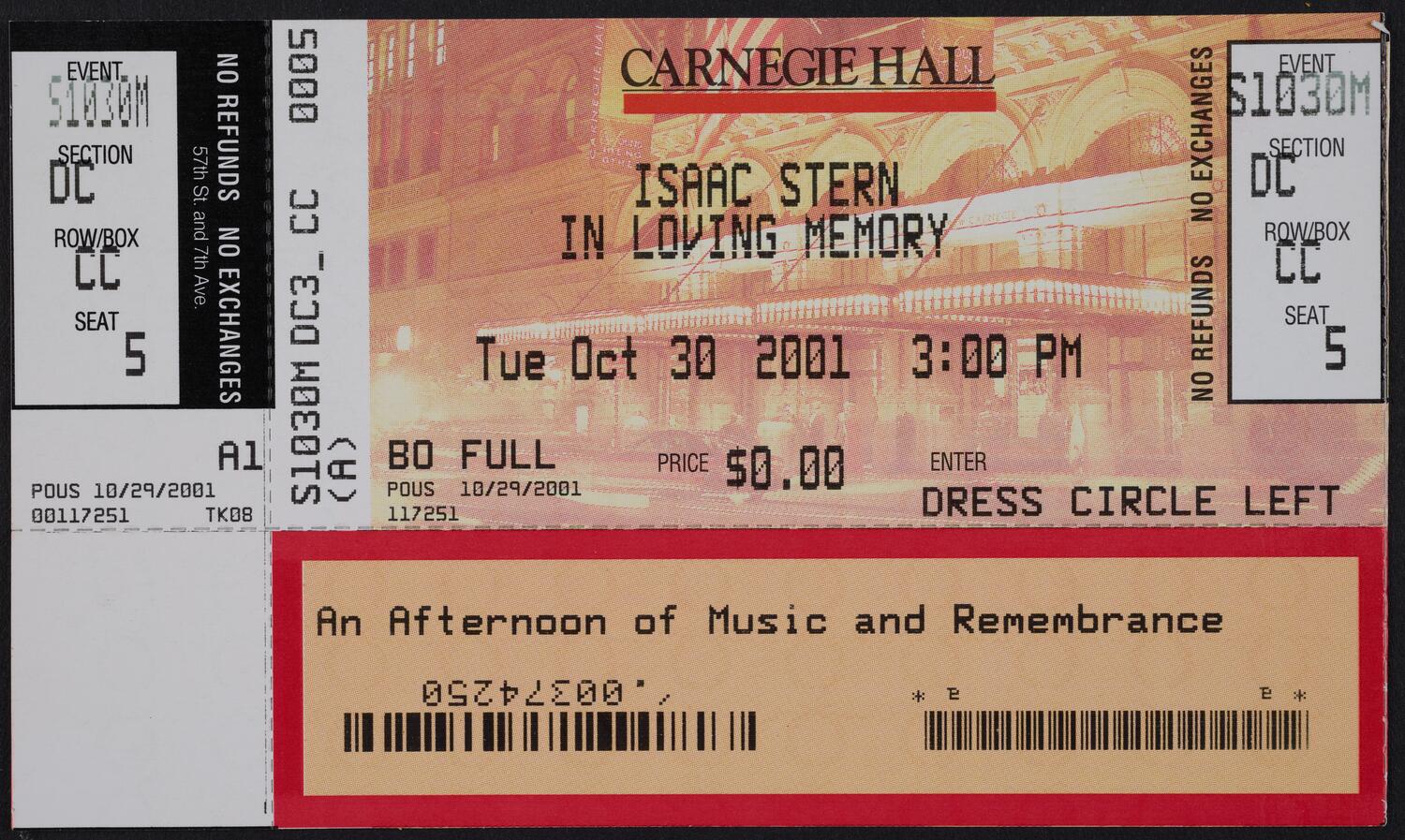 Ticket for Isaac Stern: In Loving Memory, October 30, 2001 (front)