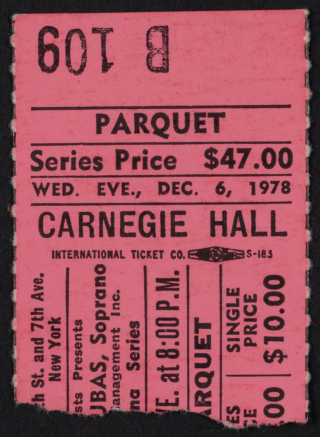 Ticket for Ileana Cotrubas, December 6, 1978 (front)