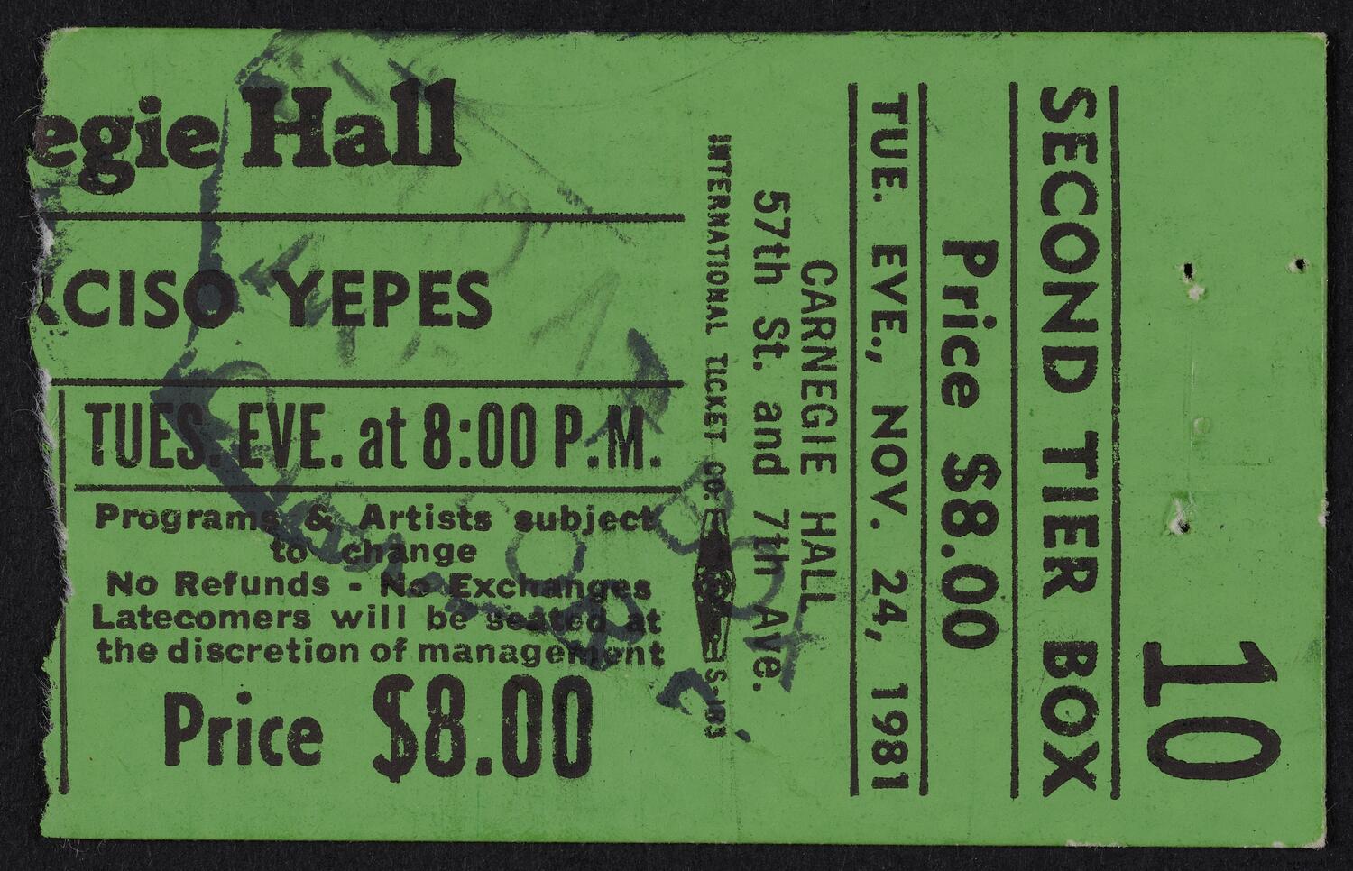 Ticket for Narciso Yepes, November 24, 1981 (front)